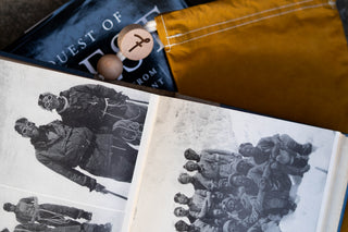 Photos of original Everest explorers Edmund Hillary and Tenzing Norgay, with a Fieldtrip Supplies Cup Bag with Yarmouth Oilskins wooden slider