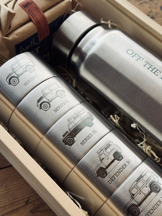 Engraved Land Rover cups and flask packed in the wooden Fieldtrip gift box