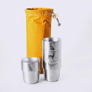 British Wildlife Cup Set – 4 cups in the Mustard Waxed Cotton Storage Bag