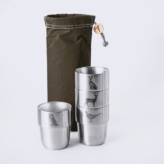 British Wildlife Cup Set – 4 cups in the Olive Waxed Cotton Storage Bag