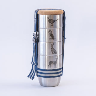 British Wildlife Cup Set – 4 cups with the Blue and White Striped Strap & Cork Lid