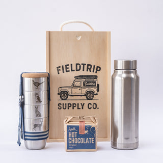 British Wildlife Cups & Flask Gift Set with the Blue and White Striped Strap & Cork Lid