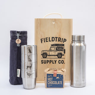 British Wildlife Cups & Flask Gift Set with the Navy Waxed Cotton Storage Bag