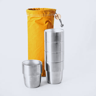 Expedition Cup Set – 5 cups in the Mustard Waxed Cotton Storage Bag