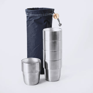 Expedition Cup Set – 5 cups in the Navy Waxed Cotton Storage Bag