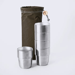 Expedition Cup Set – 5 cups in the Olive Waxed Cotton Storage Bag