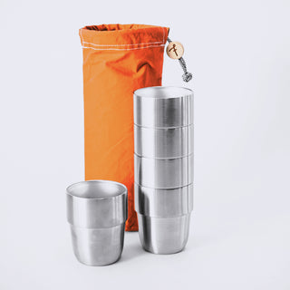 Expedition Cup Set – 5 cups in the Terracotta Waxed Cotton Storage Bag