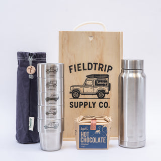 Land Rover Cups & Flask Gift Set with the Navy Waxed Cotton Storage Bag