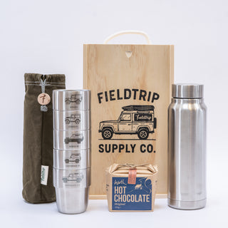Land Rover Cups & Flask Gift Set with the Olive Waxed Cotton Storage Bag