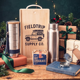 Personalised Cups & Flask Gift Set at Christmas: four cups engraved Sarah, Gabriel, Charlie and Emily, the flask, Harth hot chocolate and the wooden gift box